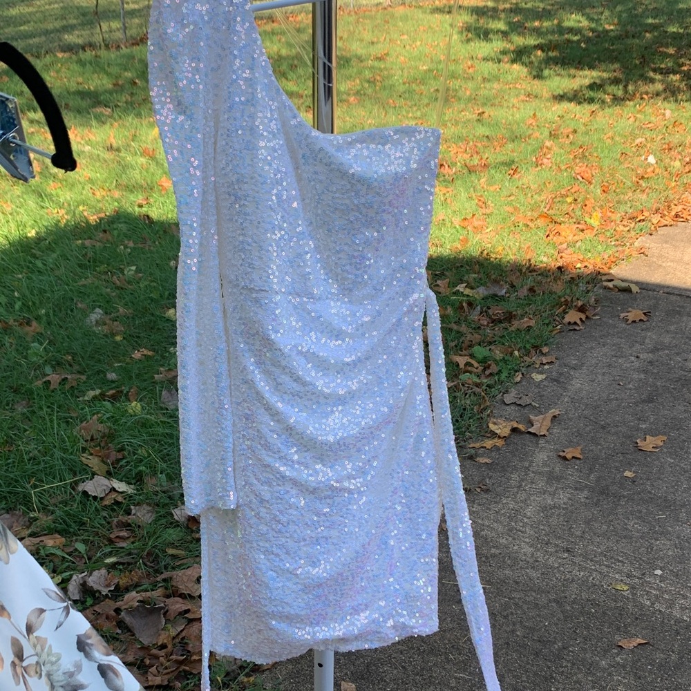 White Sequin One-Shoulder Dress